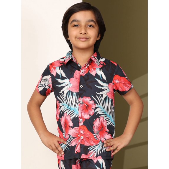 Boys Casual Shirts and Short Sets Casual Printed Kids Co-ords Set (KSS1_Navy Pink_10_11Y)