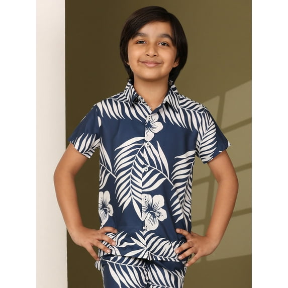 Boys Casual Shirts and Short Sets Casual Printed Kids Co-ords Set (KSS1_Navy White_10_11Y)