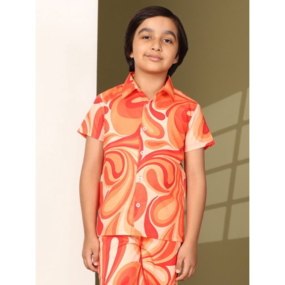 Boys Casual Shirts and Short Sets Casual Printed Kids Co-ords Set (KSS1_Orange Red_8_9Y)