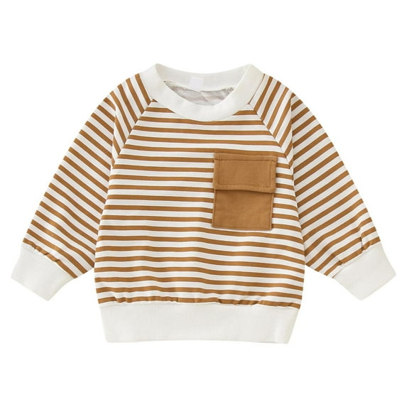 Boys Tshirts 18-24 Months Crew Neck Toddler Long Sleeve Striped Printed Pullover With Pocket Tops T-Shirt