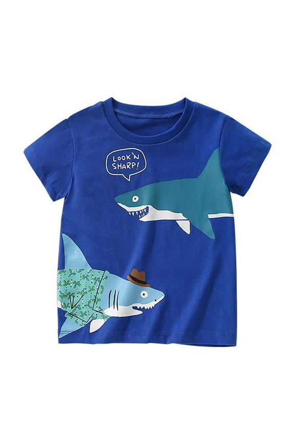 Boys Tshirts Boy'S Summer Casual Crew Neck Shark Print Short Sleeve T Shirt Top Boys' Tops Blue 5-6 Years