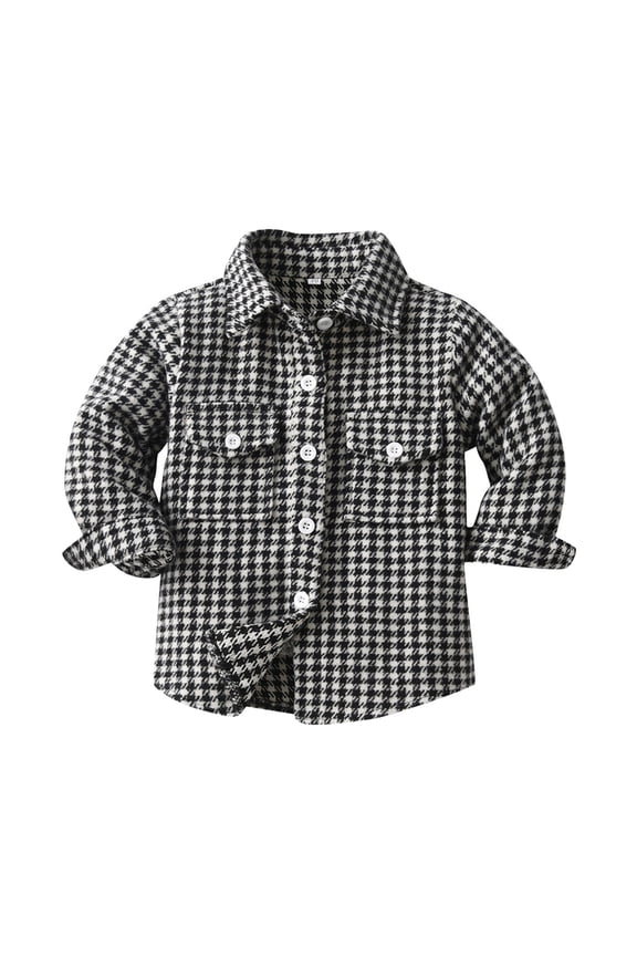 Boys Tshirts Houndstooth Plaid Print Lapel Long Sleeve Button Down Pocket Shirt Jacket Outwear Boys' Tops Tees Shirts Black 18 Months-24 Months