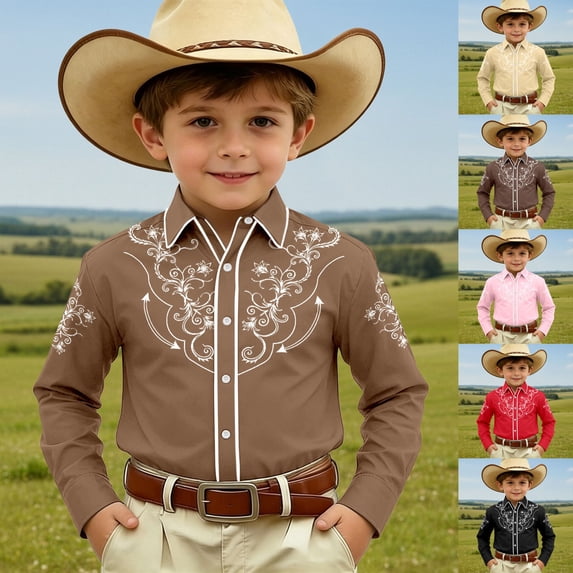 Boys Tshirts Kids Stylish Western Printed Denim Long Sleeve Button Down Shirt Girls Tops Brown 4-5 Years