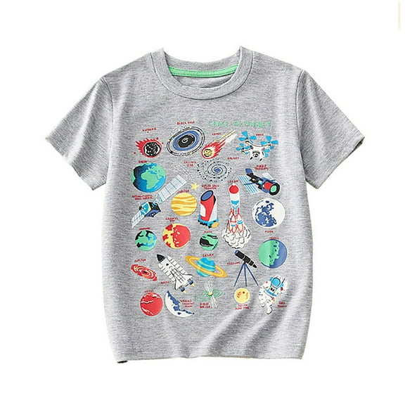 Boys Tshirts Kids Summer Planet Spaceship Print Crew Neck Short Sleeve T Shirt Glow in the Dark Summer Tops Light Gray 2 Years-3 Years