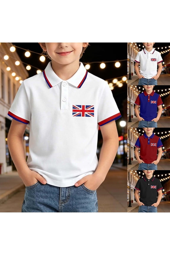 Boys Tshirts Kids Union Jack Print Short Sleeve Collared Polo Lightweight Relaxed Fit for Relaxed Daily Wear Boy Clothes