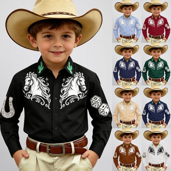 Boys Tshirts Kids Western Frontier Button Down Denim Long Sleeve Casual Baby Tees Coffee 8-9 Years