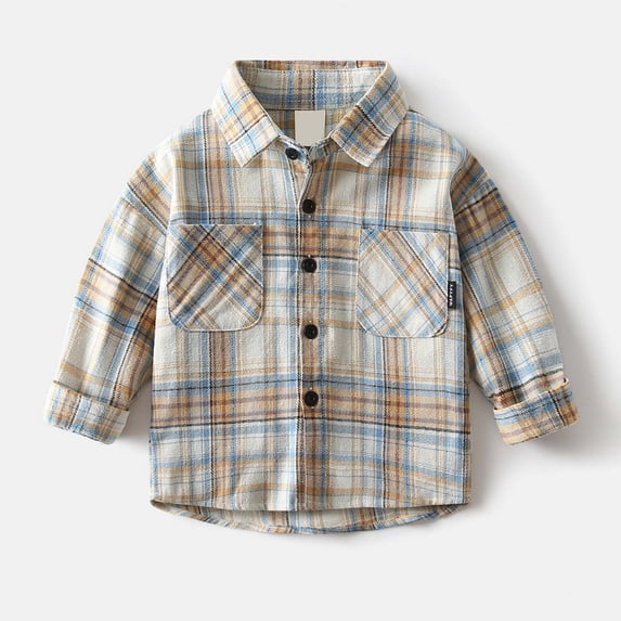 Boys Tshirts Plaid Print Long Sleeve Lapel Pocket Buttoned Shirt Coat for Daily Wear Boys' Tops Tees Shirts Beige 4 Years-5 Years
