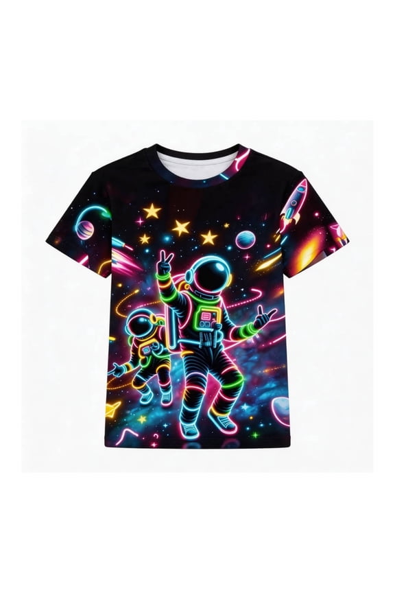 Boys Tshirts Short Sleeve Crewneck Astronaut Space Print Graphic Tees Summer Breathable Casual Fun Kids T Shirts Size 7-8Y