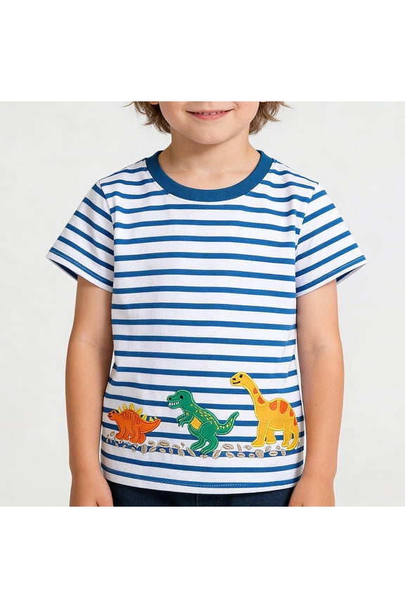 Boys Tshirts Short Sleeve Crewneck Stripe Print Graphic Tees Summer Stylish Embroidered Kids T Shirts Size 1-2Y