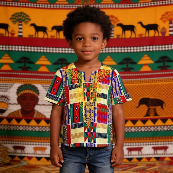 Boys Tshirts Size 2-3Y Kids African Dashiki Short Sleeve Shirt Round Neck All Over Print Boy Clothes