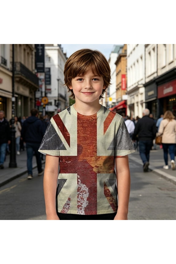 Boys Tshirts Size 2-3Y Kids Union Jack Print Short Sleeve Crew Neck Comfortable Summer Tee Boy Clothes