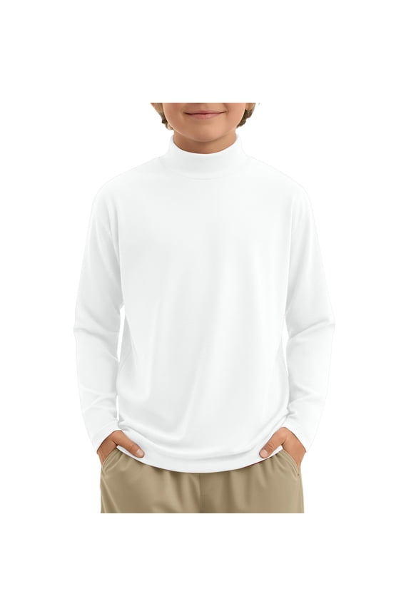 Boys Turtleneck Long Sleeve Shirts Elastic Solid Warm Basic Football Baseball Undershirt Base Layering Tops,White 7-8 Years