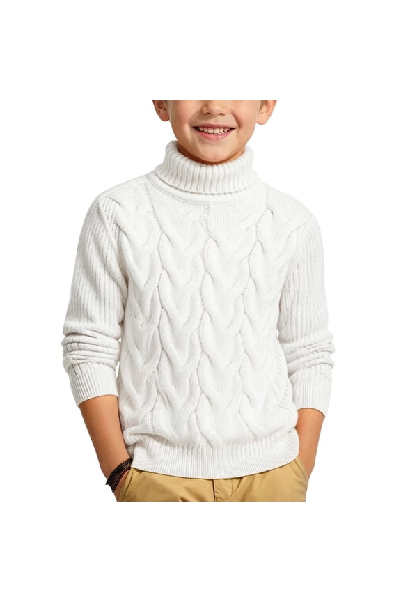 Boys Turtleneck Sweater Long Sleeve Solid Color Cable Knitted Pullover Fall Winter Casual Fashion Preppy Tops (1-2 Years, White)