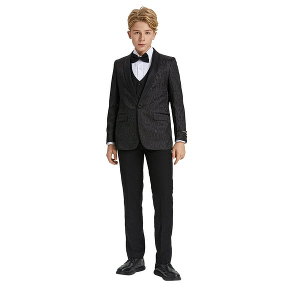 Boys Tuxedo Set Paisley 5pc Satin Shawl Lapel With Matching Solid Vest & Pants With Free Shirt & Bowtie
