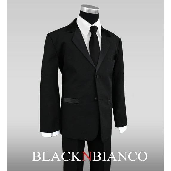 Boys Tuxedo Suit with Satin Notch Labels and a Black Neck Tie