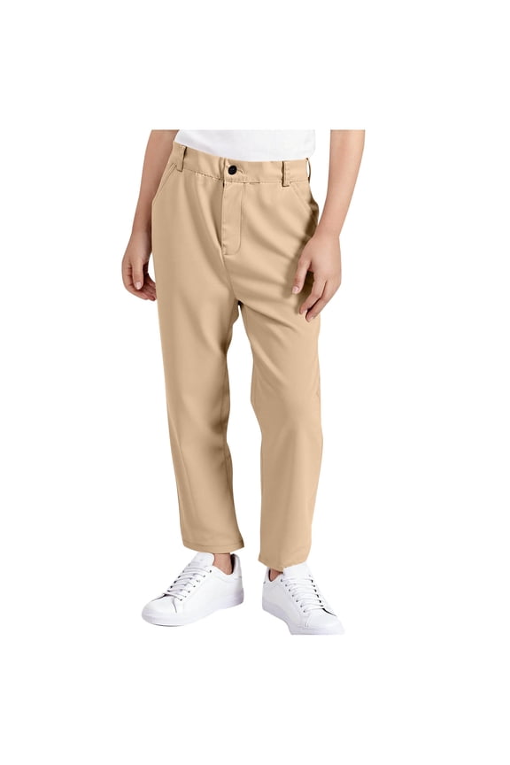 Boys Twill School Uniform Pants Pull-on Relaxed Straight Leg Pants Flat Front Stretch Comfortable Waistband, Zipper Fly & Button Closure