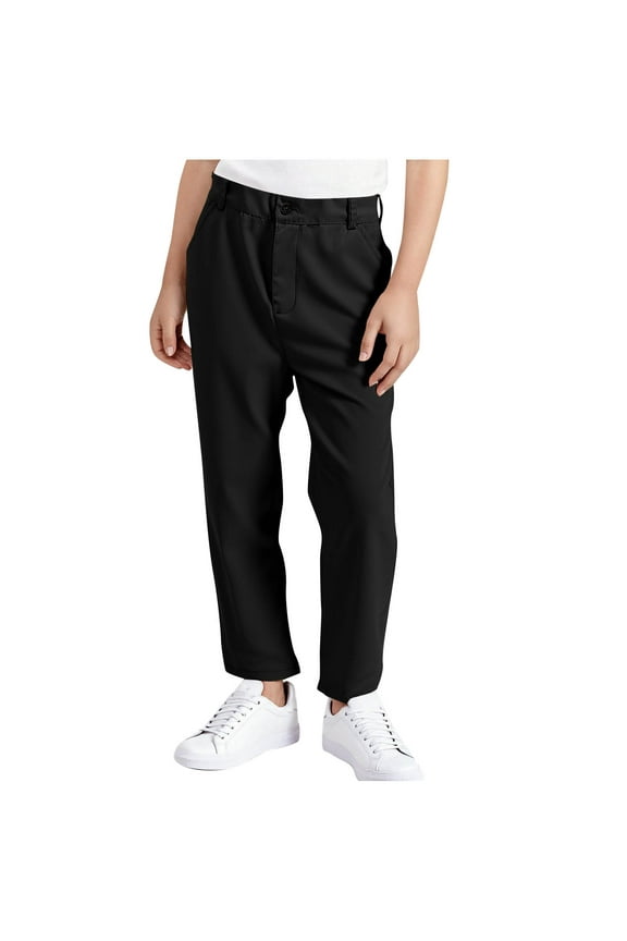 Boys Twill School Uniform Pants Pull-on Relaxed Straight Leg Pants Flat Front Stretch Comfortable Waistband, Zipper Fly & Button Closure
