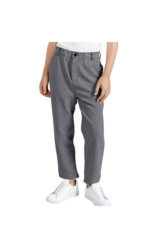 Boys Twill School Uniform Pants Pull-on Relaxed Straight Leg Pants Flat Front Stretch Comfortable Waistband, Zipper Fly & Button Closure