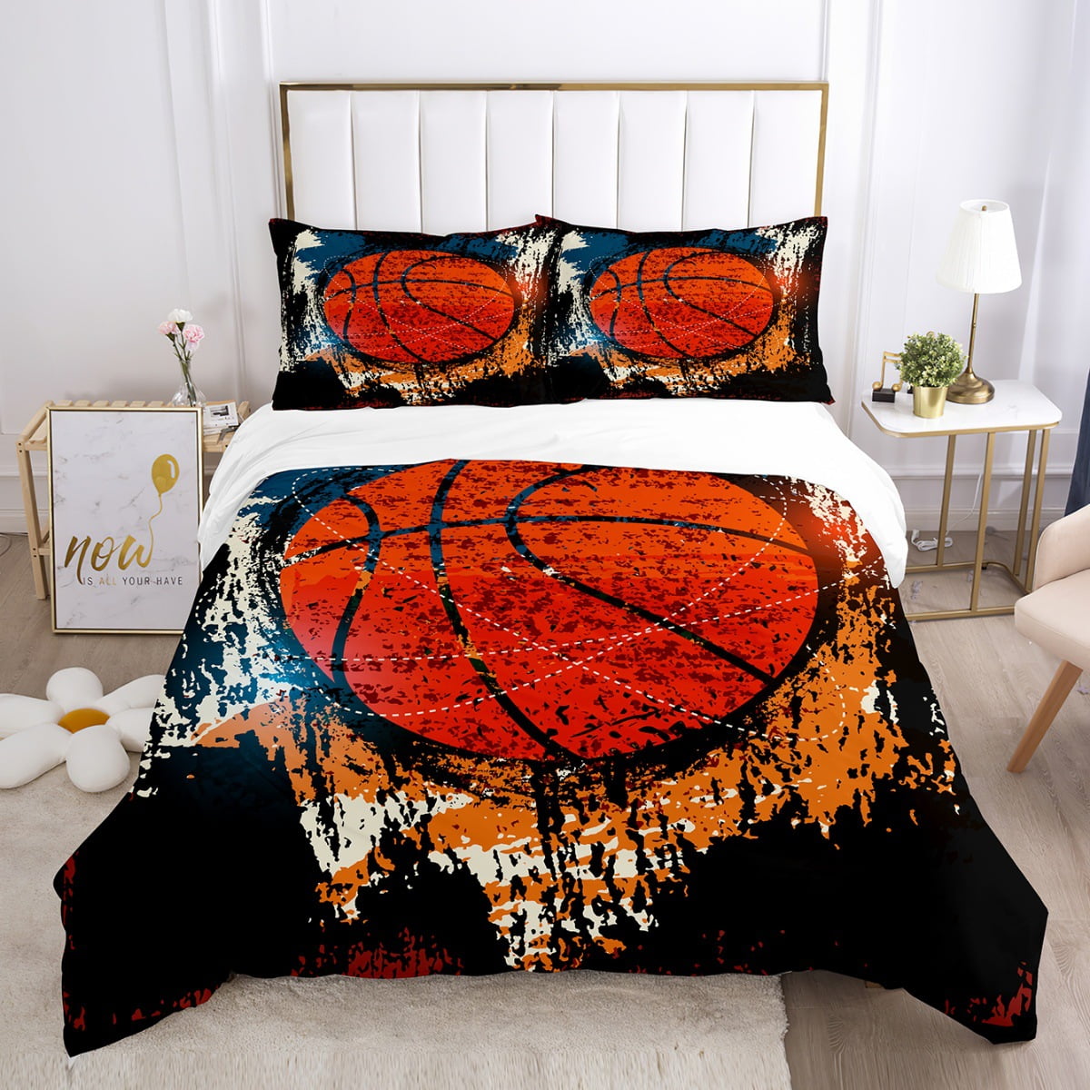 Boys Twin Bedding Sets Duvet Cover Sports Basketball Comforter Cover Sets, 3 Pieces Basketball