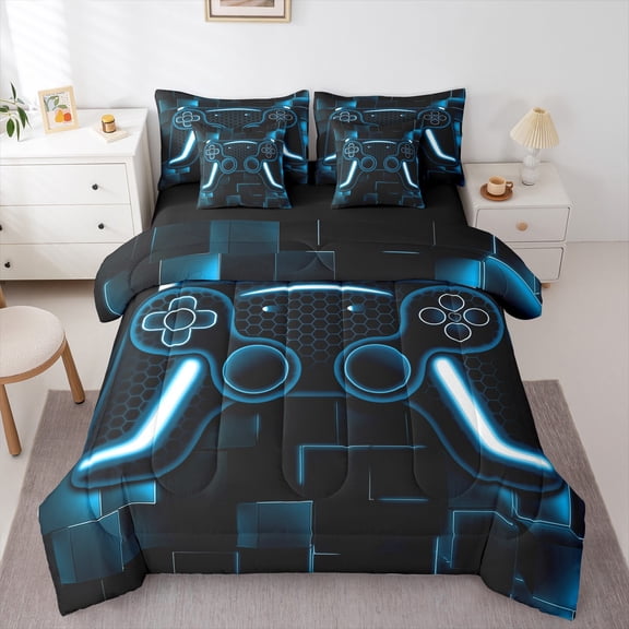 Twin Comforter Set 7 Piece Gaming Bed In A Bag Game Gamer Bedding Set For Teens,Navy Blue Gamepad Sheet Set With Comforter,Modern Grid Bed Set,Black