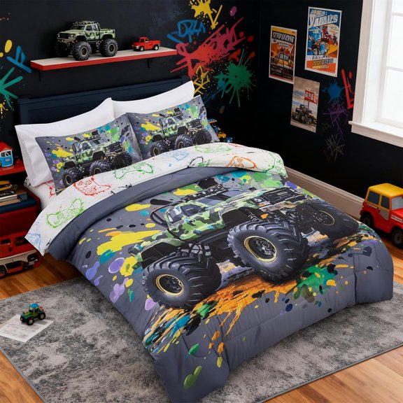 Boys Twin Size Off-Road Camo Racing Truck Print Bedding Comforter Set with Sheets, Cartoon Camouflage Race Trucks Bed in A Bag 5 Pieces Kids Teens Car Dorm Reversible Bed Sets