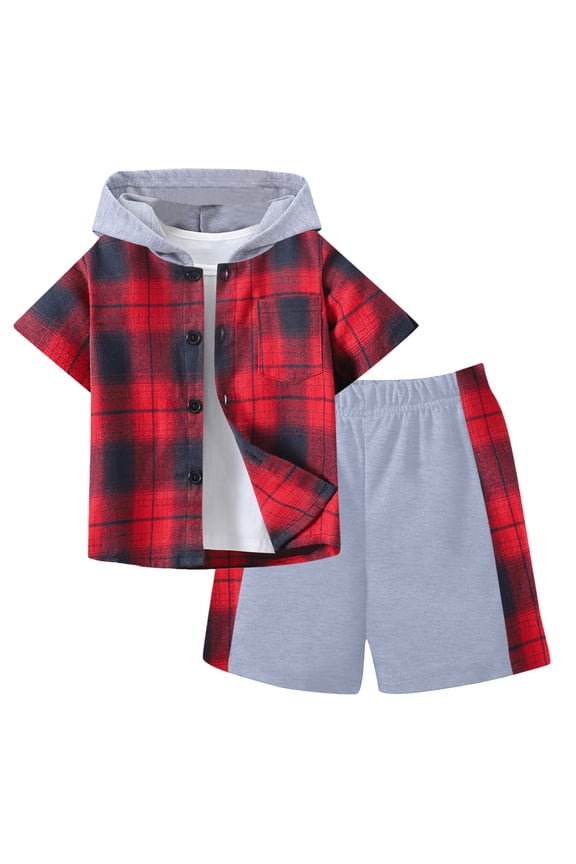 Boys Two Piece Outfit Summer Baby Clothes for Boys Summer Two-Piece Outfit Short Sleeve Plaid Hooded Top & Shorts Sets