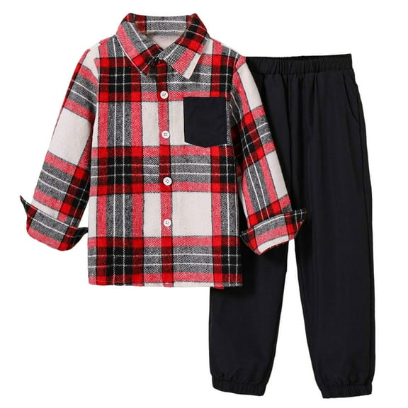 Boys Two Piece Outfits Boys Outfit Sets 2Pcs Flannel Plaid Shirt and Pants Set Hoodie Sweatsuit for Fall Winter Spring Kids Clothes