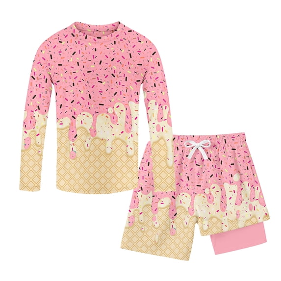 Boys Two Piece Rash Guard Swim Set Toddler Kids Ice Cream Print Long Sleeve Bathing Suit Swimwear Shirt with Trunks Quick Dry Bathing Suit