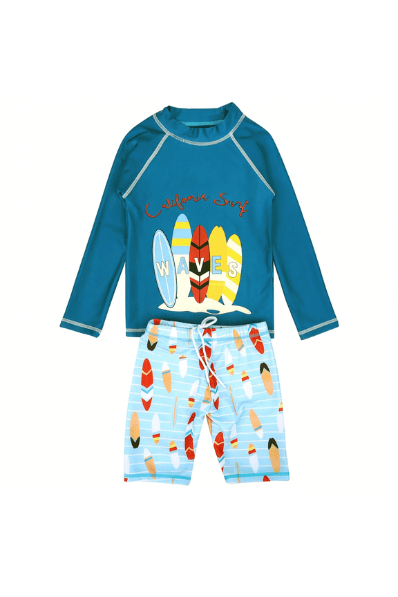 Boys Two Piece Rash Guard Swimsuits Kids Long Sleeve Sunsuit Swimwear Sets