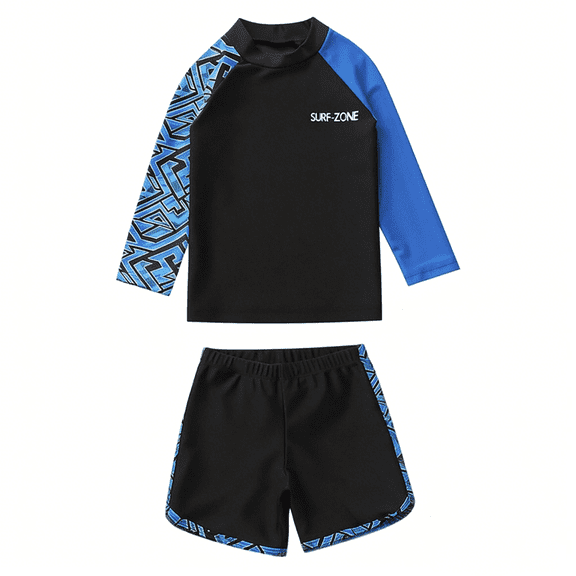 Boys Two Piece Rash Guard Swimsuits Kids Long Sleeve Sunsuit Swimwear Sets