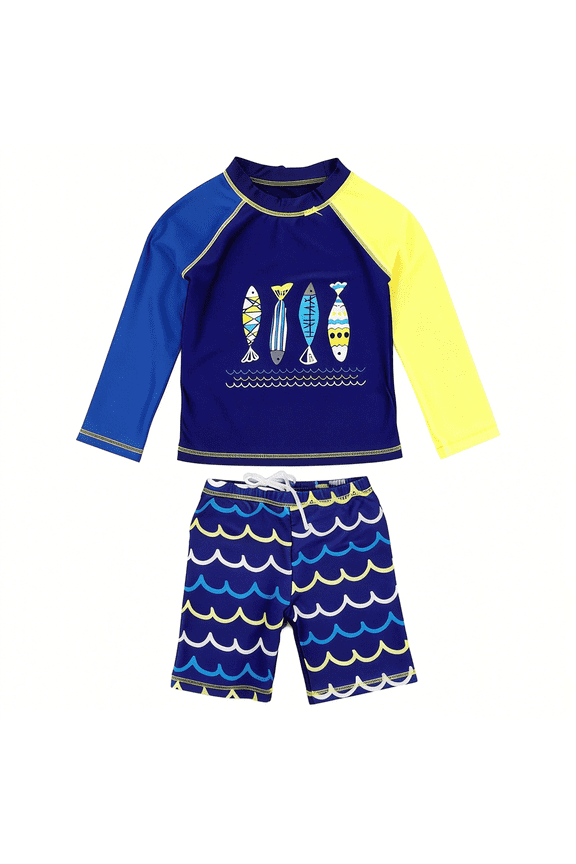 Boys Two Piece Rash Guard Swimsuits Kids Long Sleeve Sunsuit Swimwear Sets
