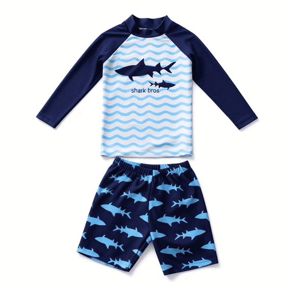 Boys Two Piece Rash Guard Swimsuits Kids Long Sleeve Sunsuit Swimwear Sets