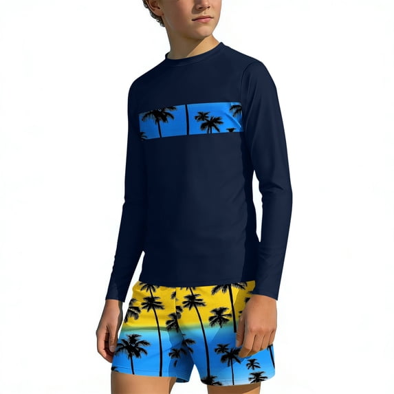 Boys Two Piece Rash Guard Swimsuits Long Sleeve Hawaii Print Swimwear Beach Vacation Bathing Suit for 3-14 Years