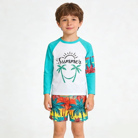 Boys Two Piece Rash Guard Swimsuits Set with Swim Trunk Kids Long Sleeve Bathing Suit Swimwear Set Green Size 4-5 Years