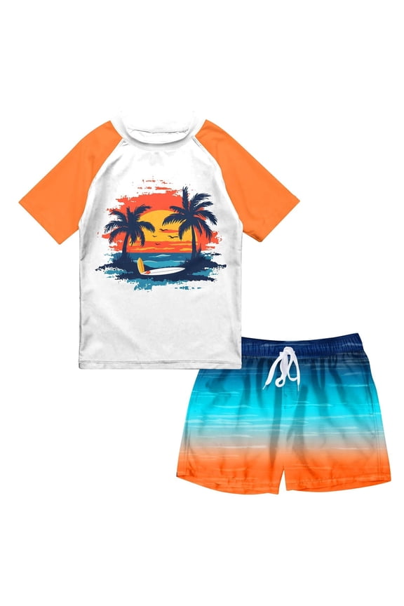 Boys Two Piece Rash Guard Swimsuits Sets Bathing Suits with Trunks 4-10 Years
