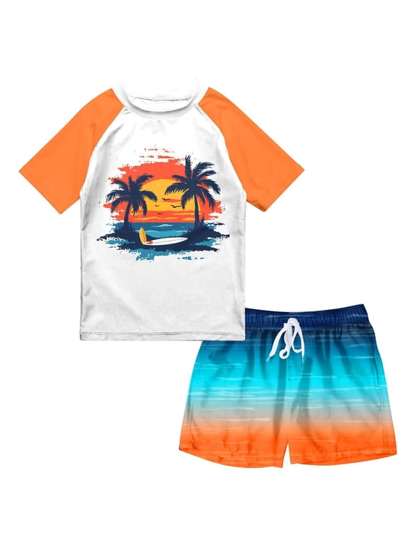 Boys Two Piece Rash Guard Swimsuits Sets Bathing Suits with Trunks 4-10 Years