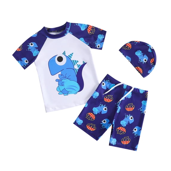 Boys Two Piece Rash Guard Swimsuits Sets Cartoon Printed Swim Trunk and Short Sleeve Rashguard 2-Piece Set Swimwear Swimsuit Bikini,6-7 Years,Z1-White