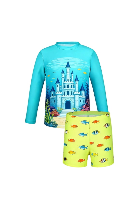 Boys Two Piece Rash Guard Swimsuits Sets Cute Cartoon Graphic Printed Sun Shirt Swimwear Sets Beach Holiday Clothes Blue 3-4 Years