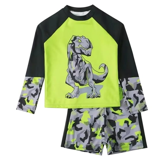 Boys Two Piece Rash Guard Swimsuits Sets Kids Long Sleeve Print Top High Waisted Swim Trunks Sunsuit Swimwear Sets,130,Z10-Green