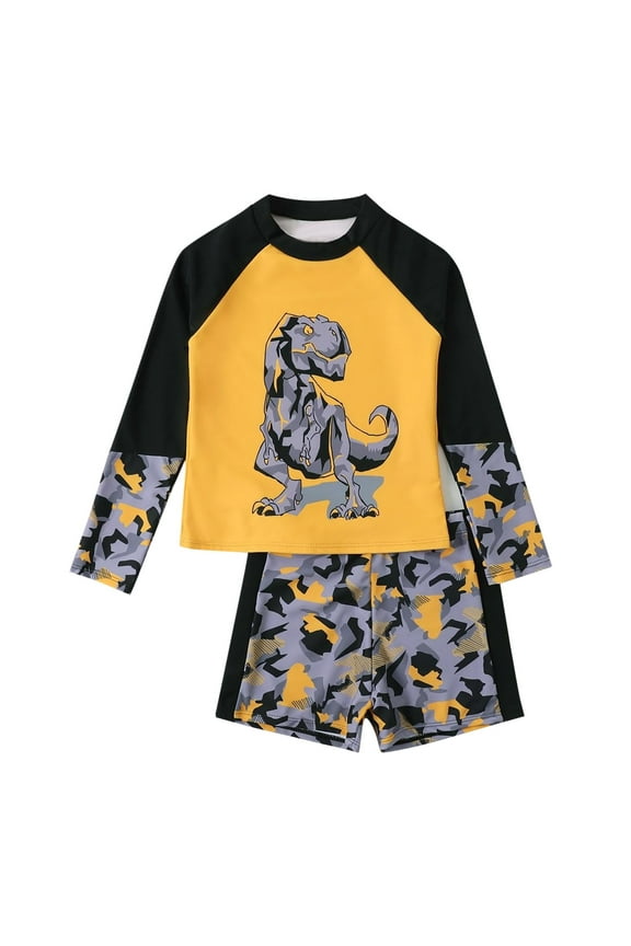 Boys Two Piece Rash Guard Swimsuits Sets Kids Long Sleeve Print Top High Waisted Swim Trunks Sunsuit Swimwear Sets,160,Z10-Orange