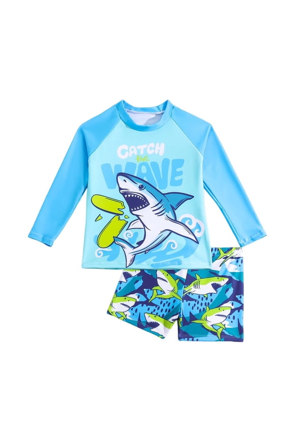 Boys Two Piece Rash Guard Swimsuits Sets Kids Long Sleeve Print Top High Waisted Swim Trunks Sunsuit Swimwear Sets,3-4 Years,Z5-Blue