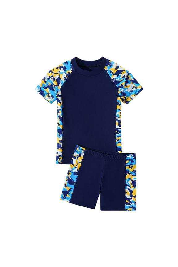 Boys Two Piece Rash Guard Swimsuits Sets Kids Short Sleeve Print Top High Waisted Swim Trunks Sunsuit Swimwear Sets,Z9-Yellow,4-5 Years