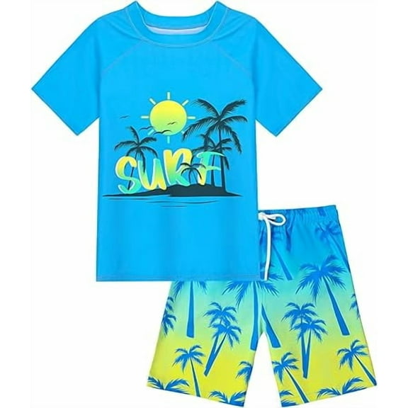 Boys Two Piece Rash Guard Swimsuits Sets Kids Sleeve Swim Shirts Blue Coconut Tree Short Bathing Suit with Swim Trunks Swimwear Set Size 8-10