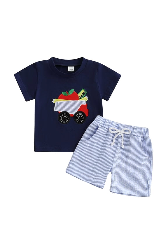 Boys Two Piece Sets Cartoon Car Embroidered Short Sleeve Shorts Two Piece Scrubs for Boy Set,Blue,70