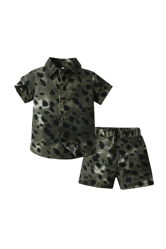 Boys Two Piece Sets Leopard Print Short Sleeved Shorts 2 Piece Cardigan Boys Clothing,Army Green,140