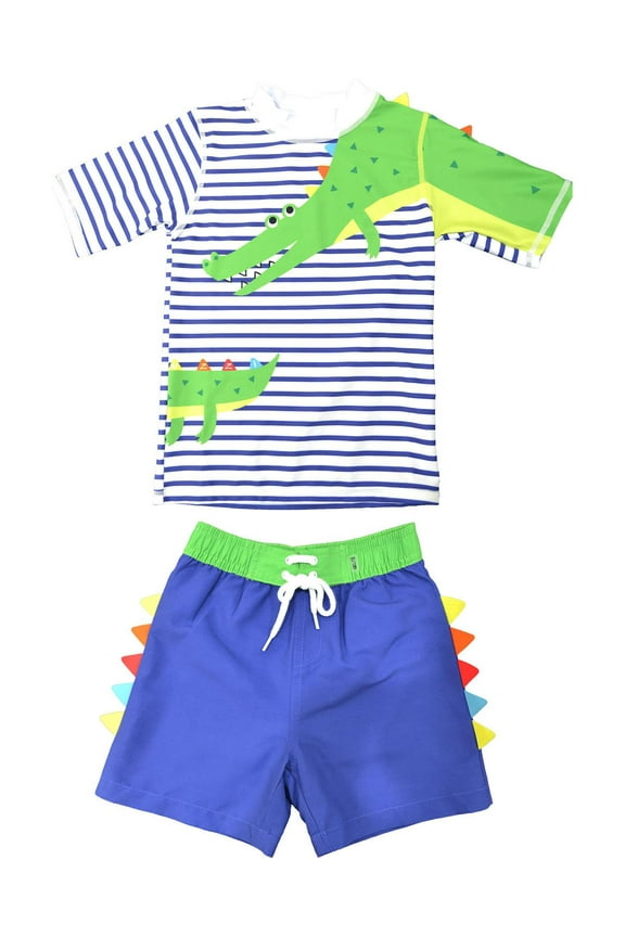 Boys Two Piece Short Sleeve Rash Guard Swimsuits Toddler Set, Crocodile Short Sleeve, Size: 4T, Uzzi Active Wear