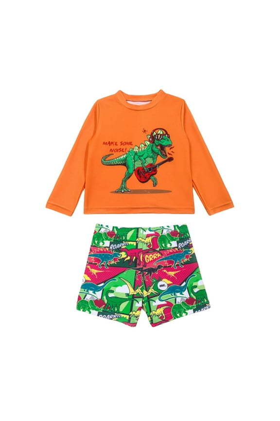 Boys Two Piece Swimsuit Long Sleeve Cartoon Cute Student Swimsuit For Kids,Little Boys Size 5-6T,Orange