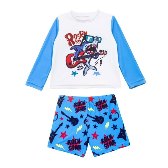 Boys Two Piece Swimsuit Long Sleeve Cartoon Cute Student Swimsuit For Kids,Little Boys Size 5-6T,White