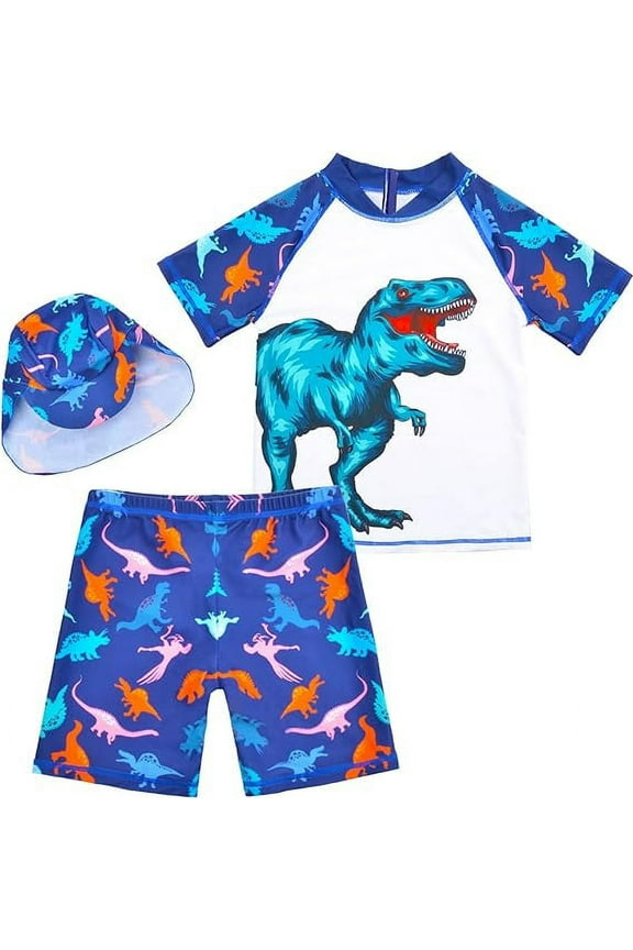 Boys Two Pieces Swimsuit Set Short Sleeve Kids Rash Guard Dinosaur Boys Bathing Suit with Sun Cap for 3-5 Years