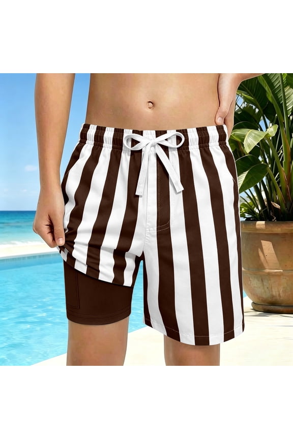 Boys Two Tone Stripe Print Drawstring Swim Trunks with Liner Summer Beach Shorts Casual Wear Size 3-4Y